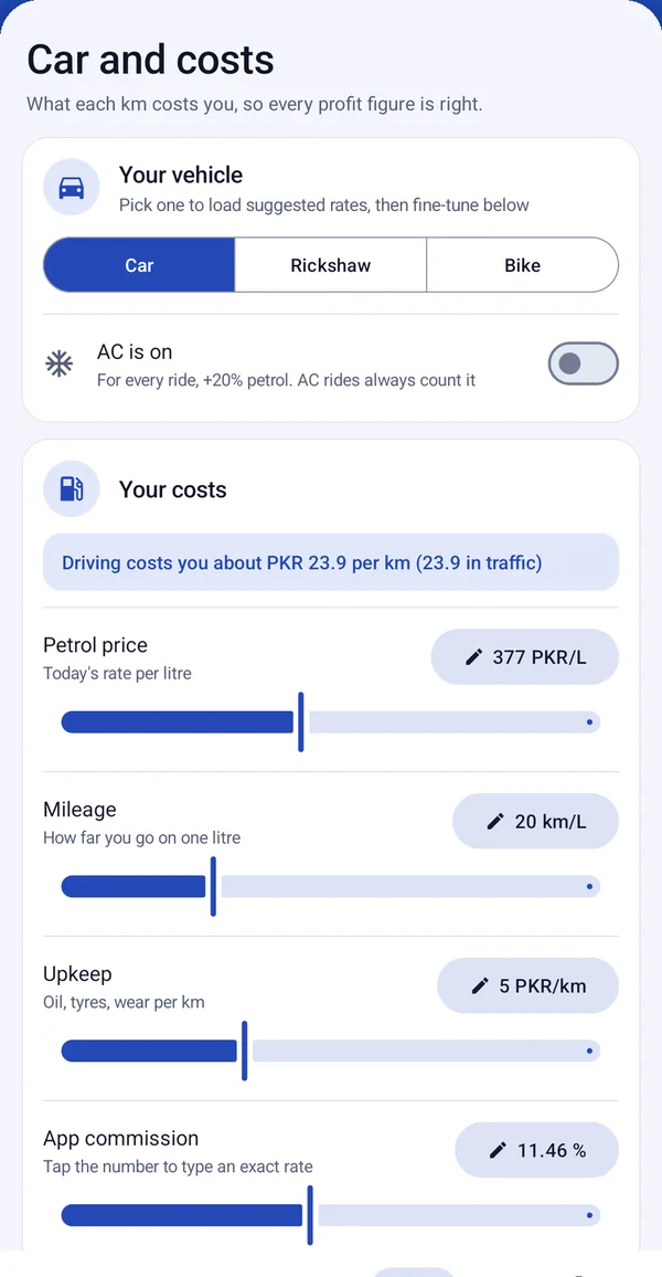 Car and costs screen: vehicle type, petrol price, mileage, upkeep and app commission