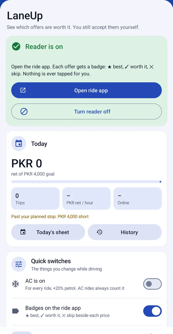 LaneUp home screen: reader is on, today's net earnings against a daily goal