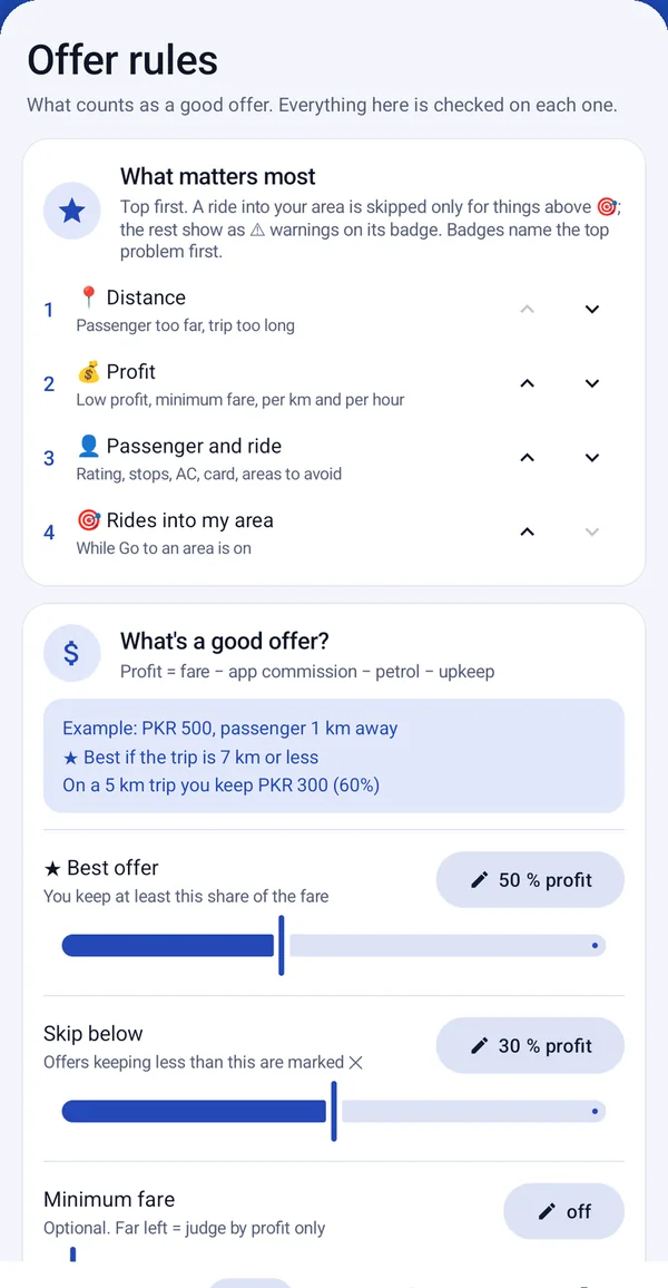 Offer rules screen: what matters most, best-offer and skip profit lines